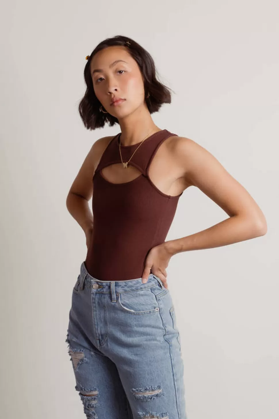 Camis & Tanks*Tobi Adeline Ribbed Cutout Tank Top Chocolate Brown | Sage