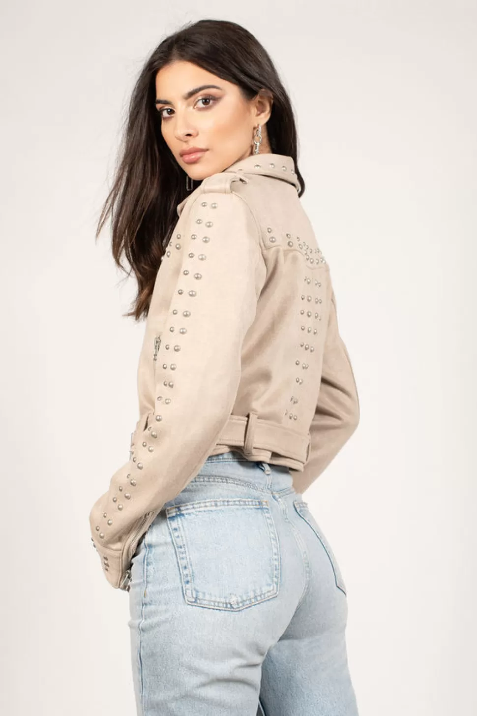 Jackets*Tobi Agnes Studded Faux Suede Cropped Moto Jacket Stone