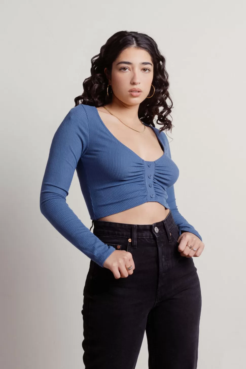 Crop Tops*Tobi Aiden Long Sleeve Button Up Crop Top Slate Blue