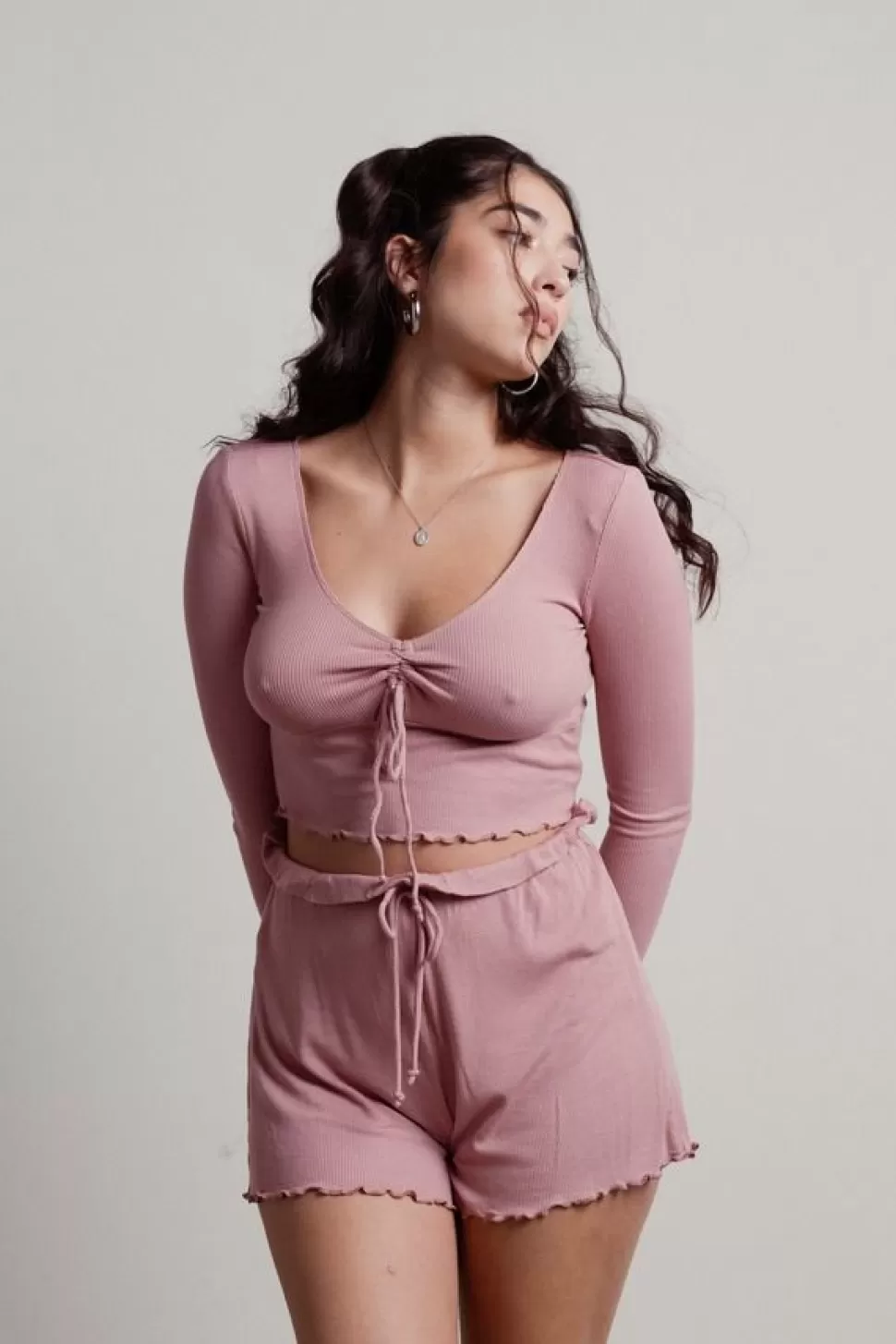 Shorts*Tobi Aisha Lettuce Hem Lounge Shorts Set Mauve