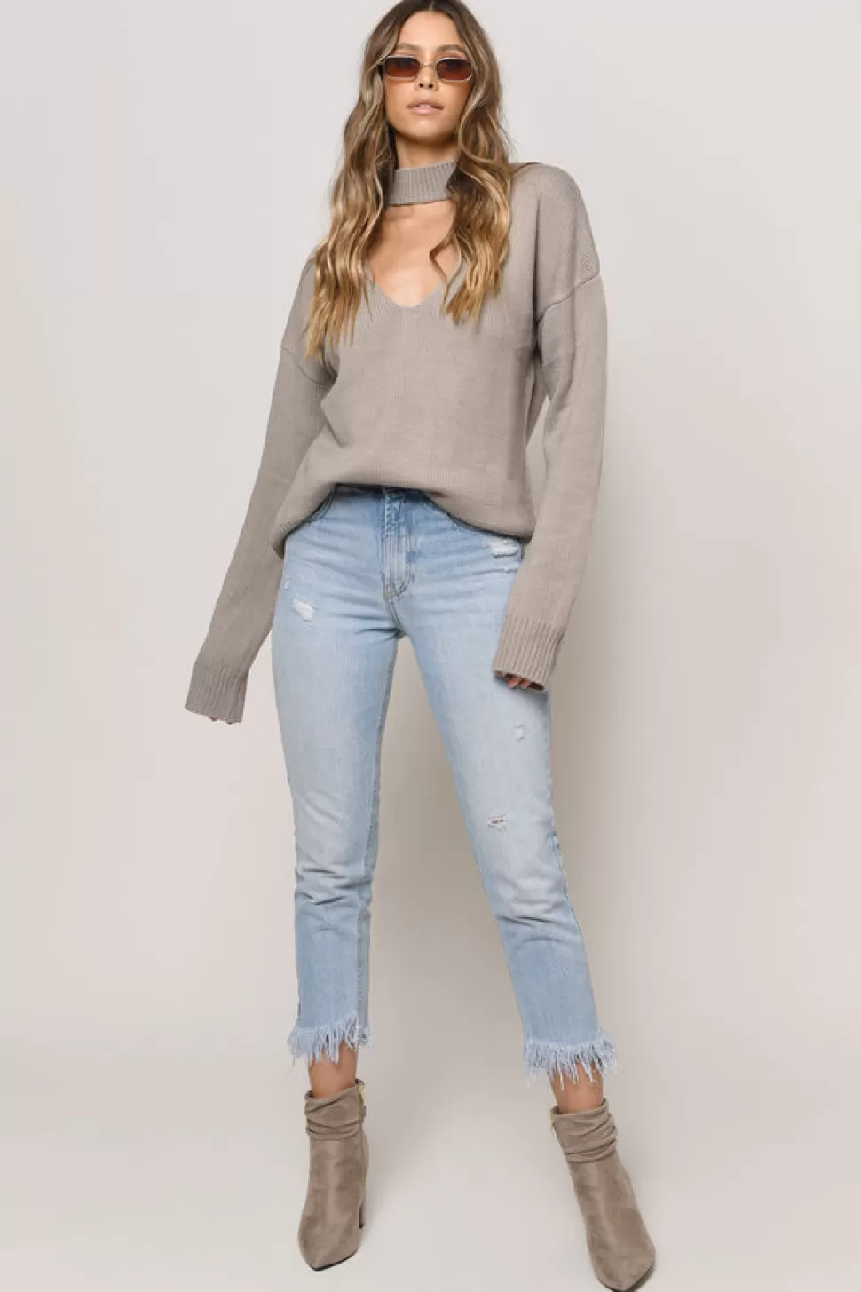 Long Sleeve Tops*Tobi Alice Choker Neck Sweater Taupe | Black