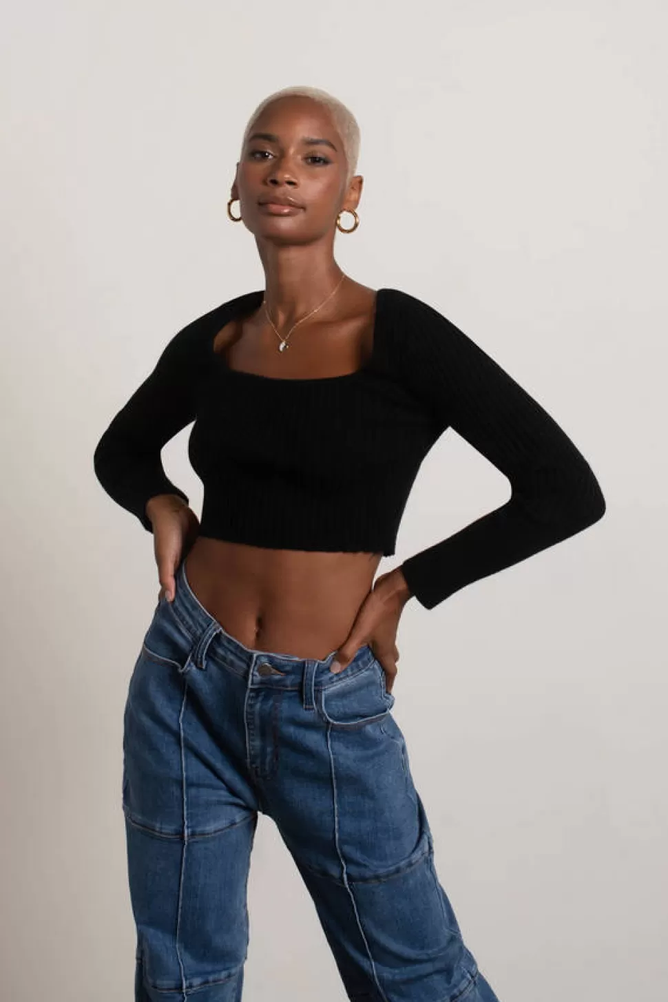 Long Sleeve Tops*Tobi All The Time Ribbed Crop Sweater Black