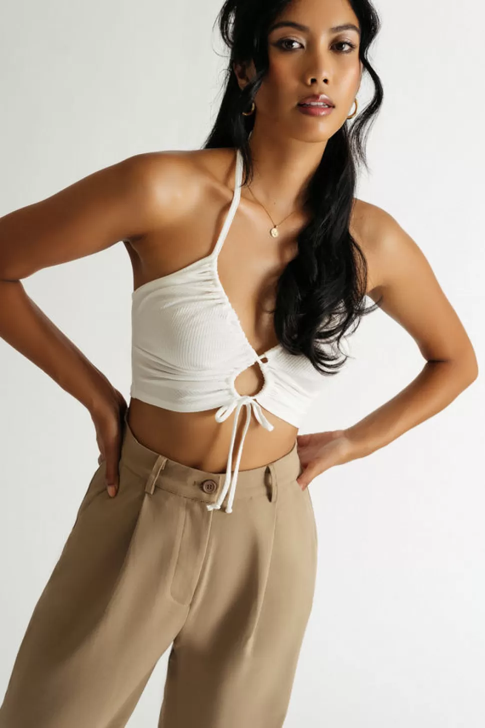 Sexy Tops*Tobi All Tied Up Ribbed Halter Keyhole Crop Tank Top Ivory | Dusty Sage | Yellow