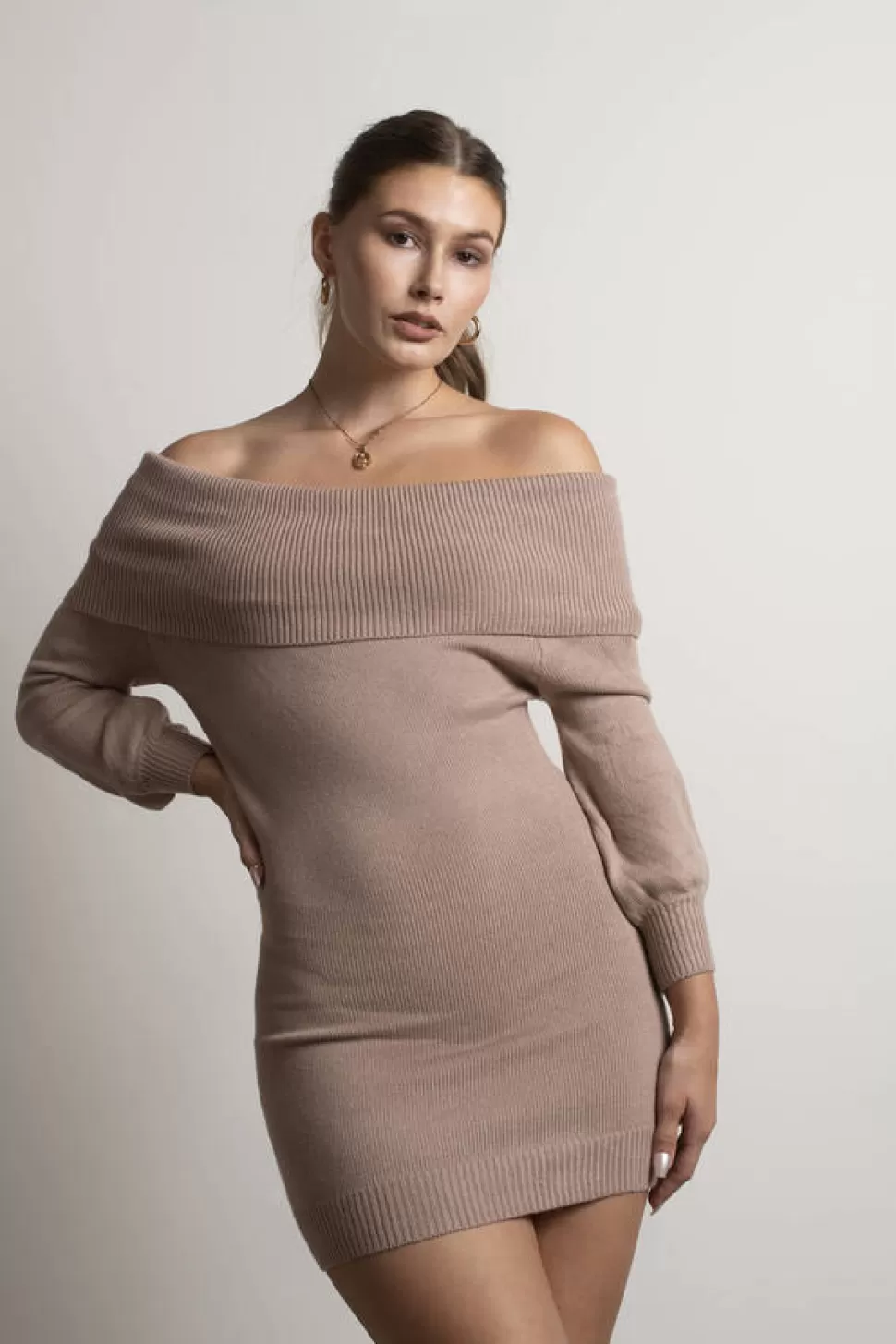 Casual Dresses*Tobi Allyson Off The Shoulder Sweater Bodycon Dress Beige