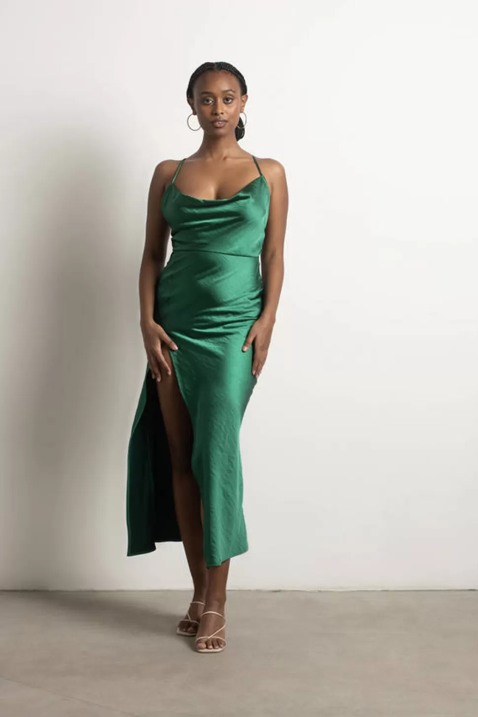 Black Tie & Evening Dresses*Tobi Always Yours Satin Cowl Neck Slit Midi Dress Green | Champagne | Black