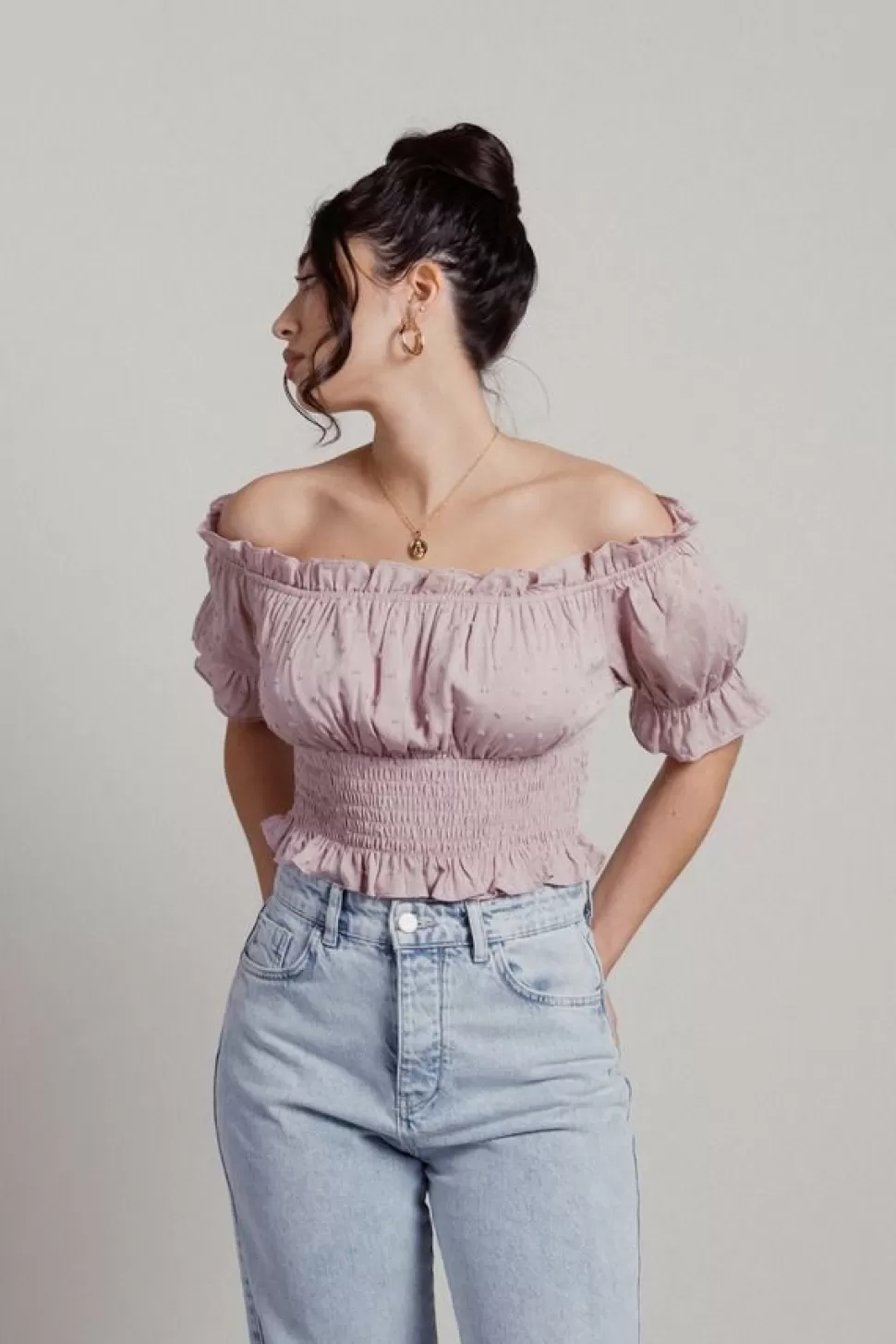 Puff Sleeve Tops*Tobi Amalie Swiss Dot Smocked Puff Sleeve Crop Top Blush