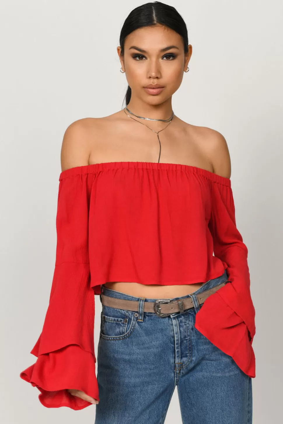 Long Sleeve Tops*Tobi Ami Off Shoulder Crop Top Red | Black