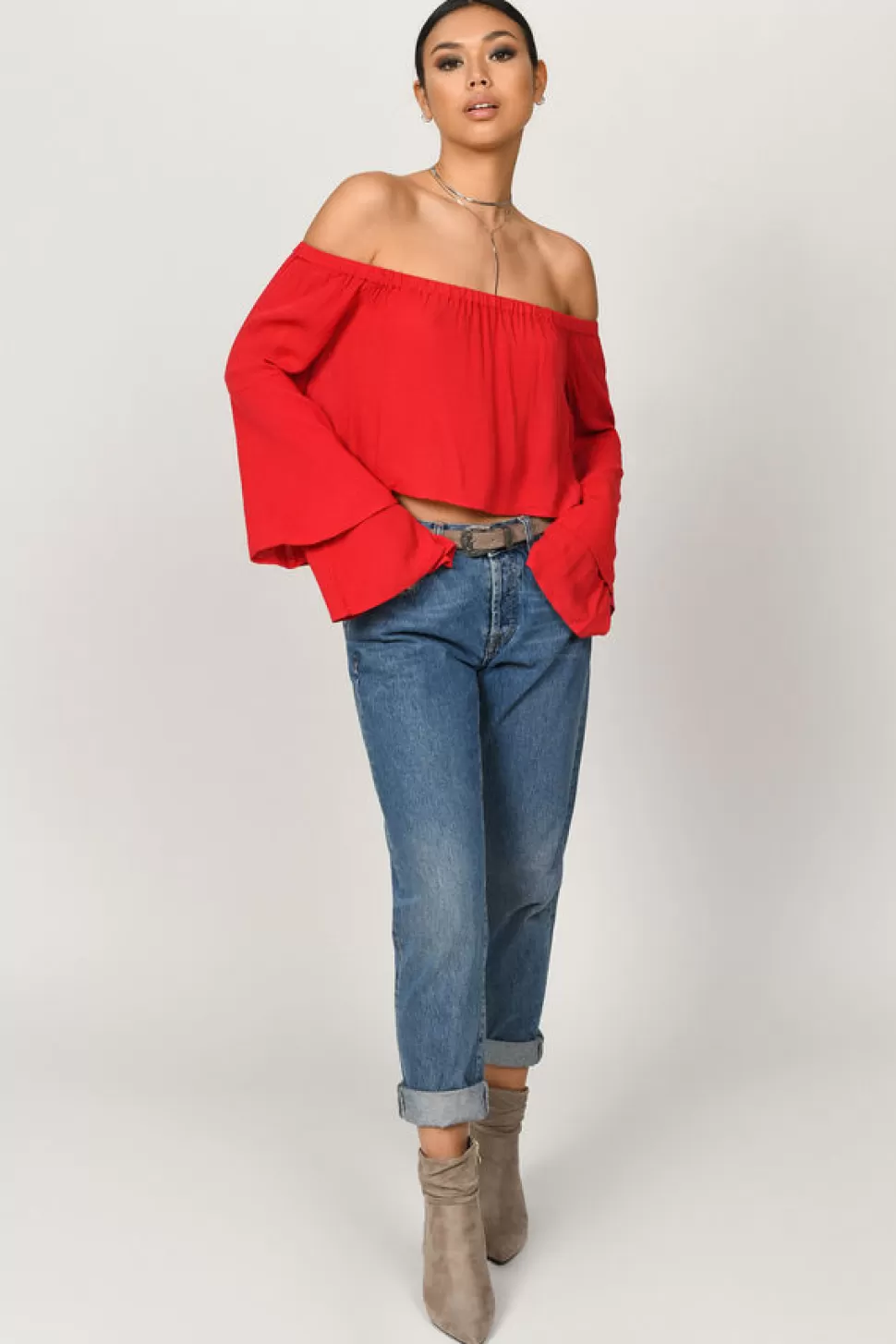 Long Sleeve Tops*Tobi Ami Off Shoulder Crop Top Red | Black