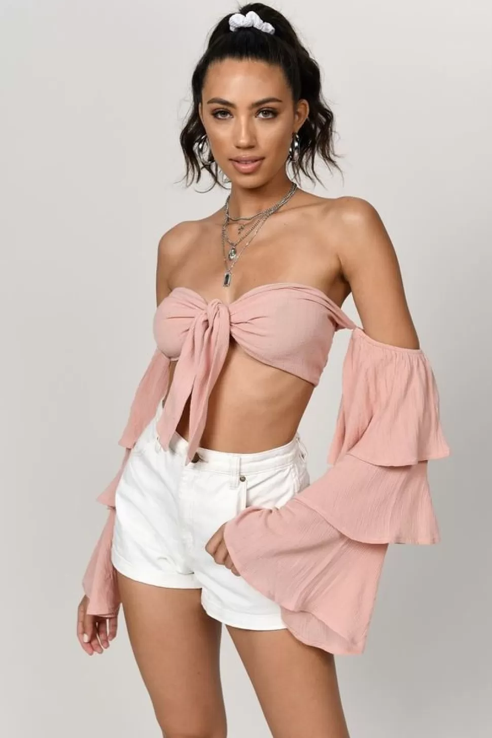 Long Sleeve Tops*Tobi Amy Ruffle Sleeve Crop Top Blush | White