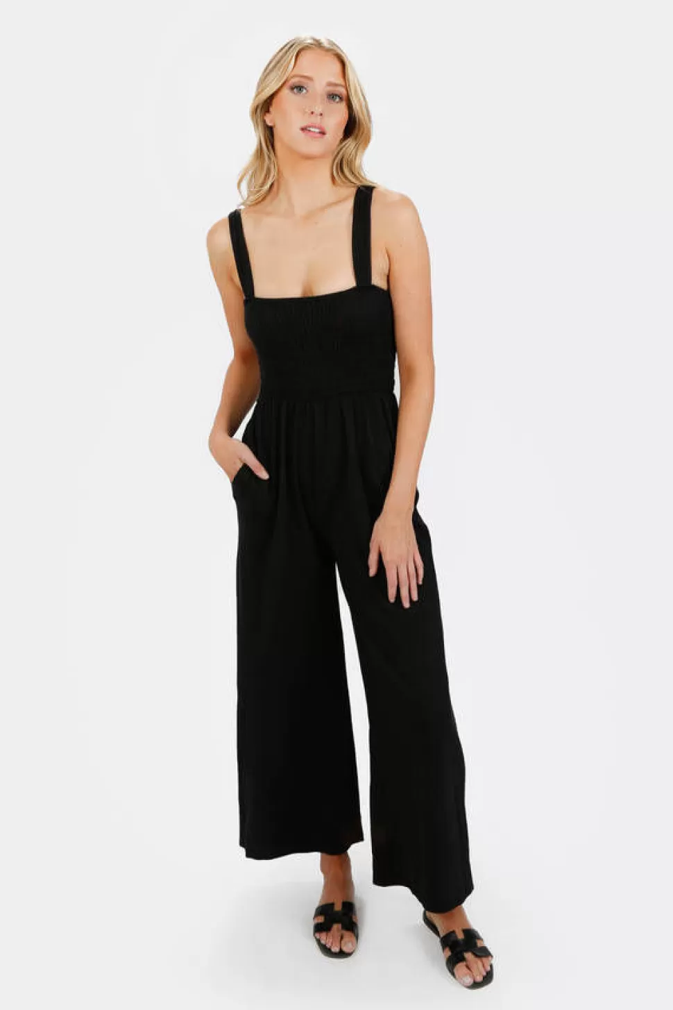 Rompers & Jumpsuits*Tobi Aria Textured Knit Smocking Bodice Jumpsuit Black