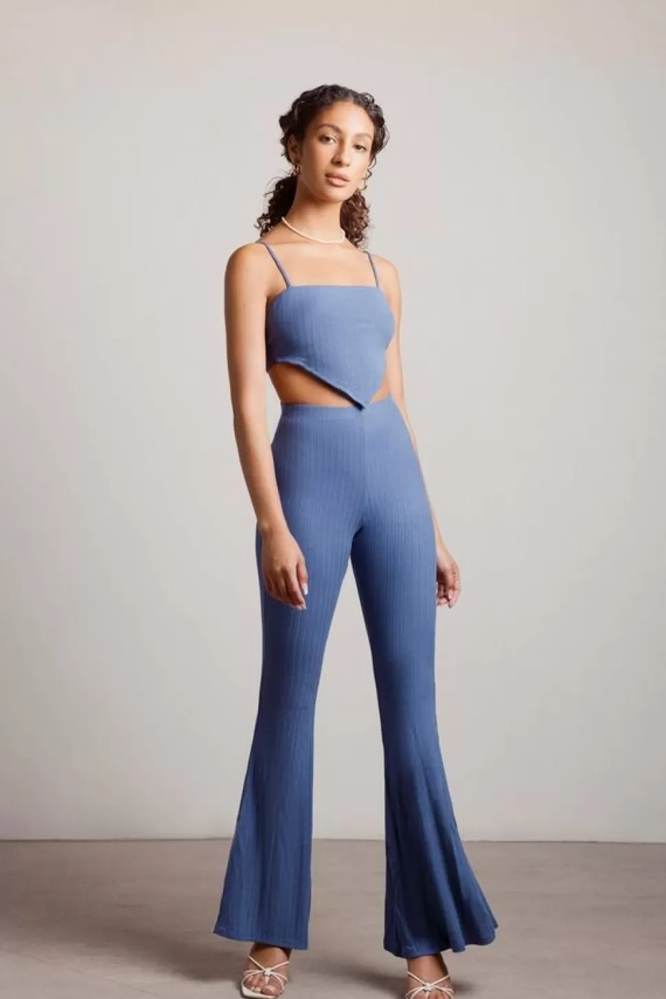 Pants*Tobi Aura Ribbed Handkerchief Crop Top And Flare Pants Set Blue