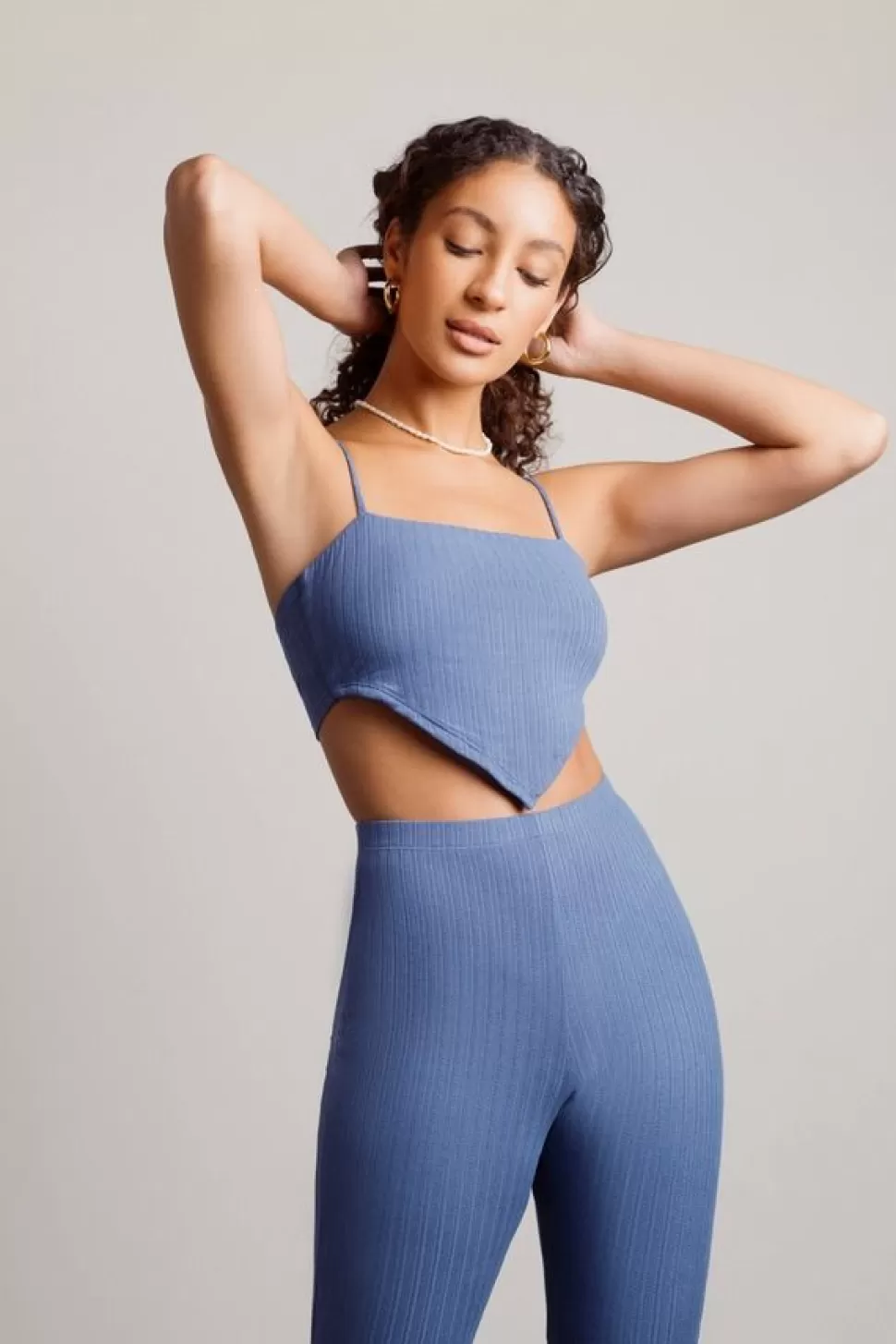 Pants*Tobi Aura Ribbed Handkerchief Crop Top And Flare Pants Set Blue