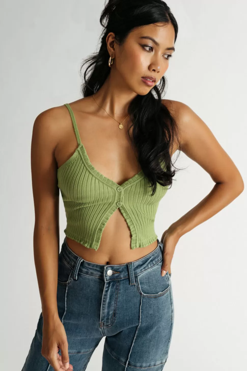 Crop Tops*Tobi Avocado Jam Ribbed Knit Split Crop Tank Top Green