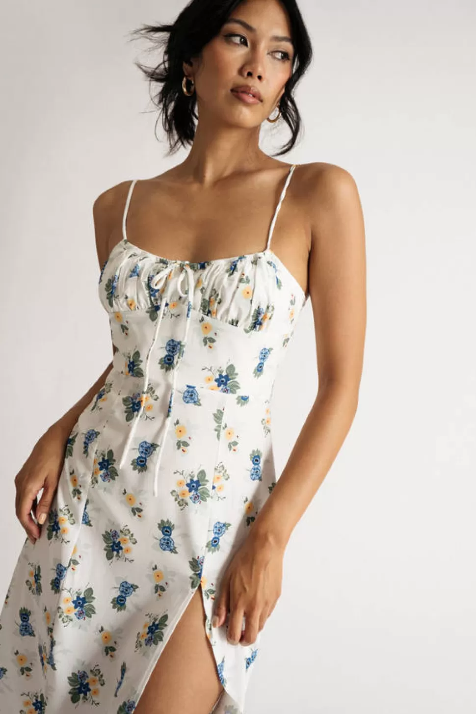 Corset Dresses*Tobi Azalia Floral Sheen Slit Midi Dress Blue | White Multi