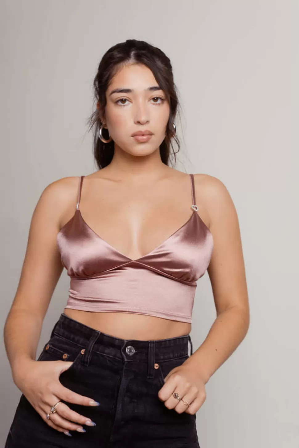 Going Out Tops*Tobi Babygirl Heart Detail Satin Crop Top Pink | Blue