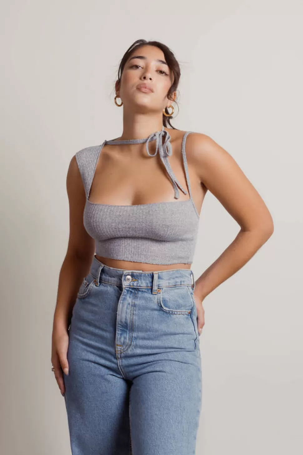 Sexy Tops*Tobi Bad Habit Ribbed Neck Tie Crop Tank Top Grey | Black