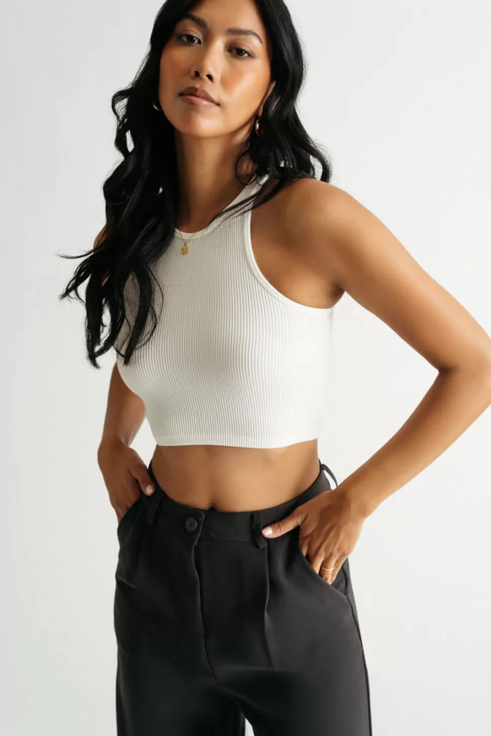 Going Out Tops*Tobi Be Myself Ribbed Halter Brami Crop Tank Off White