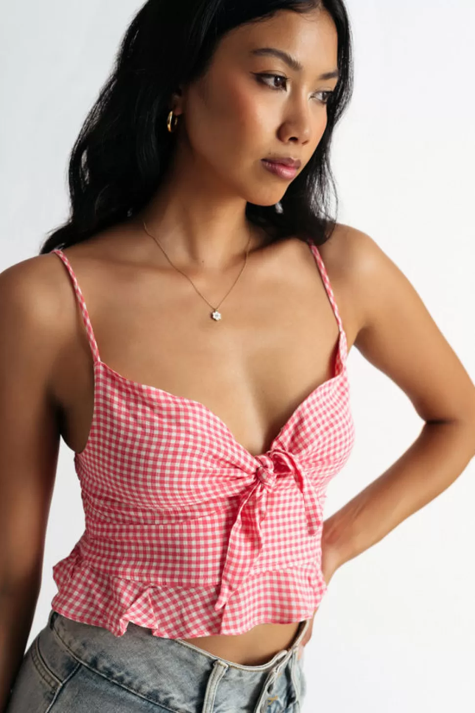 Pink Tops*Tobi Be Nice Gingham Tie Crop Tank Top Pink