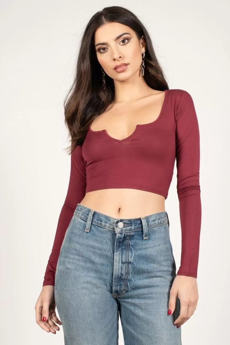 Red Tops*Tobi Bear With Me Long Sleeve Crop Top Wine