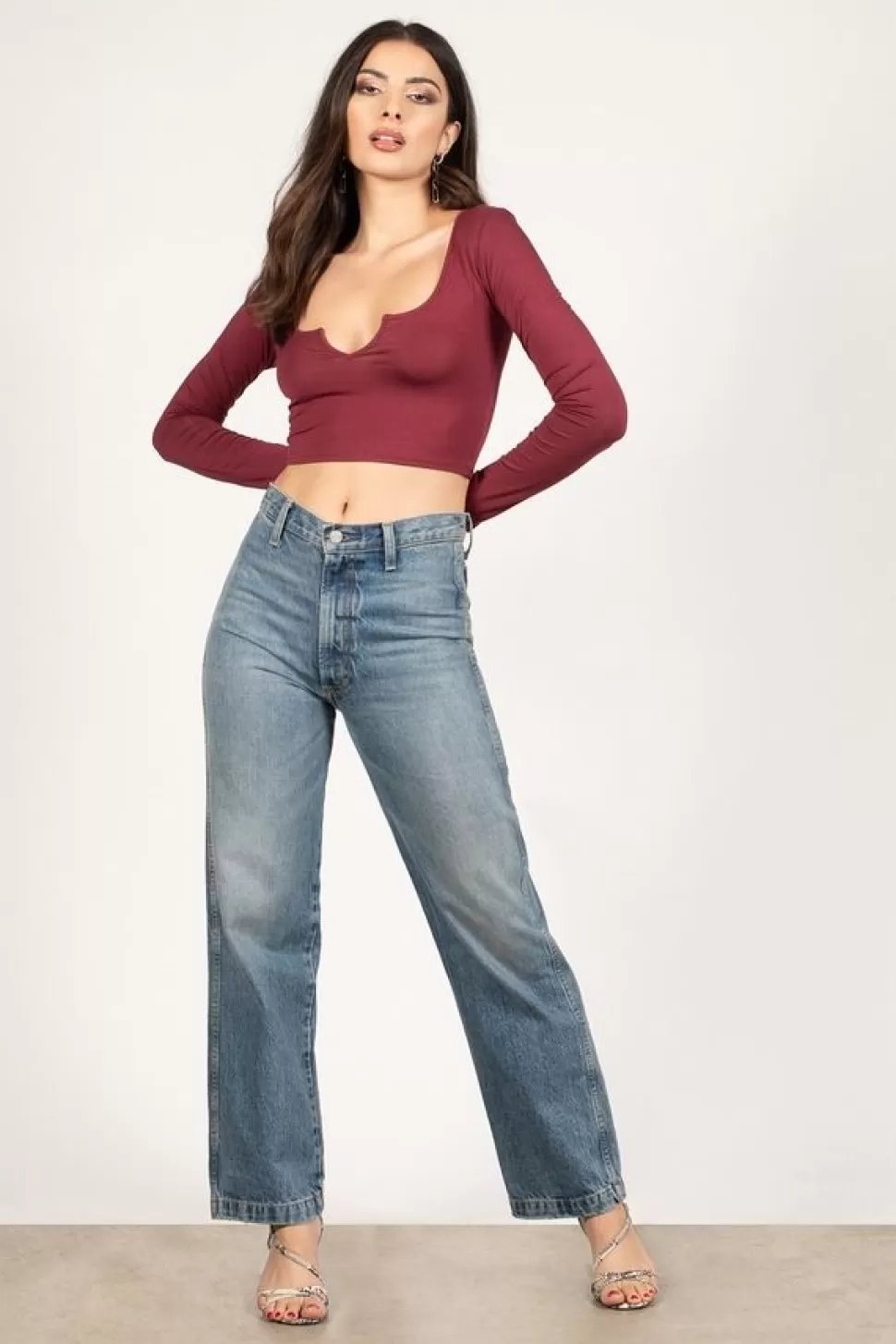 Red Tops*Tobi Bear With Me Long Sleeve Crop Top Wine