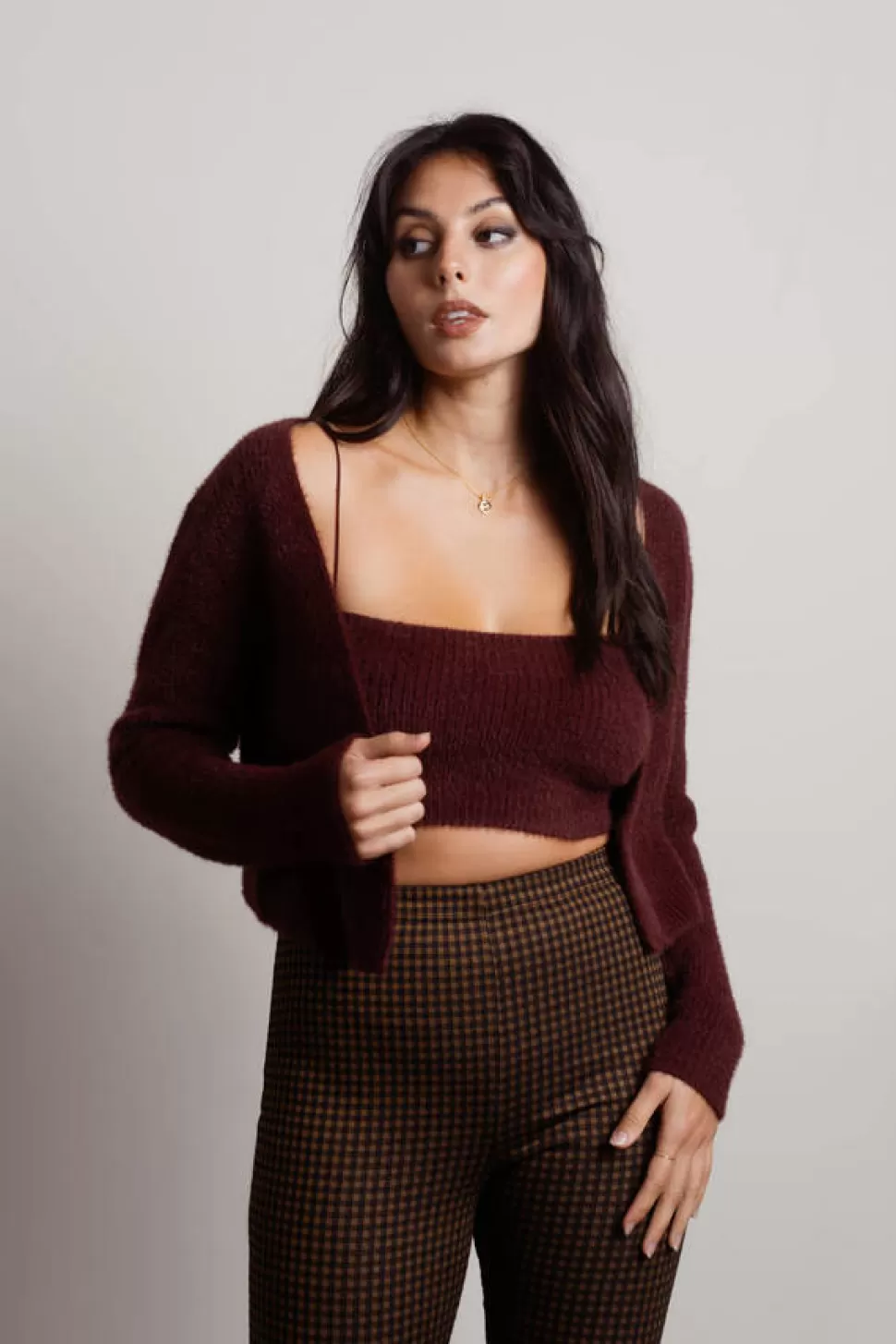 Camis & Tanks*Tobi Beatrice Fuzzy Tank And Cardigan Set Wine | Pink | Brown