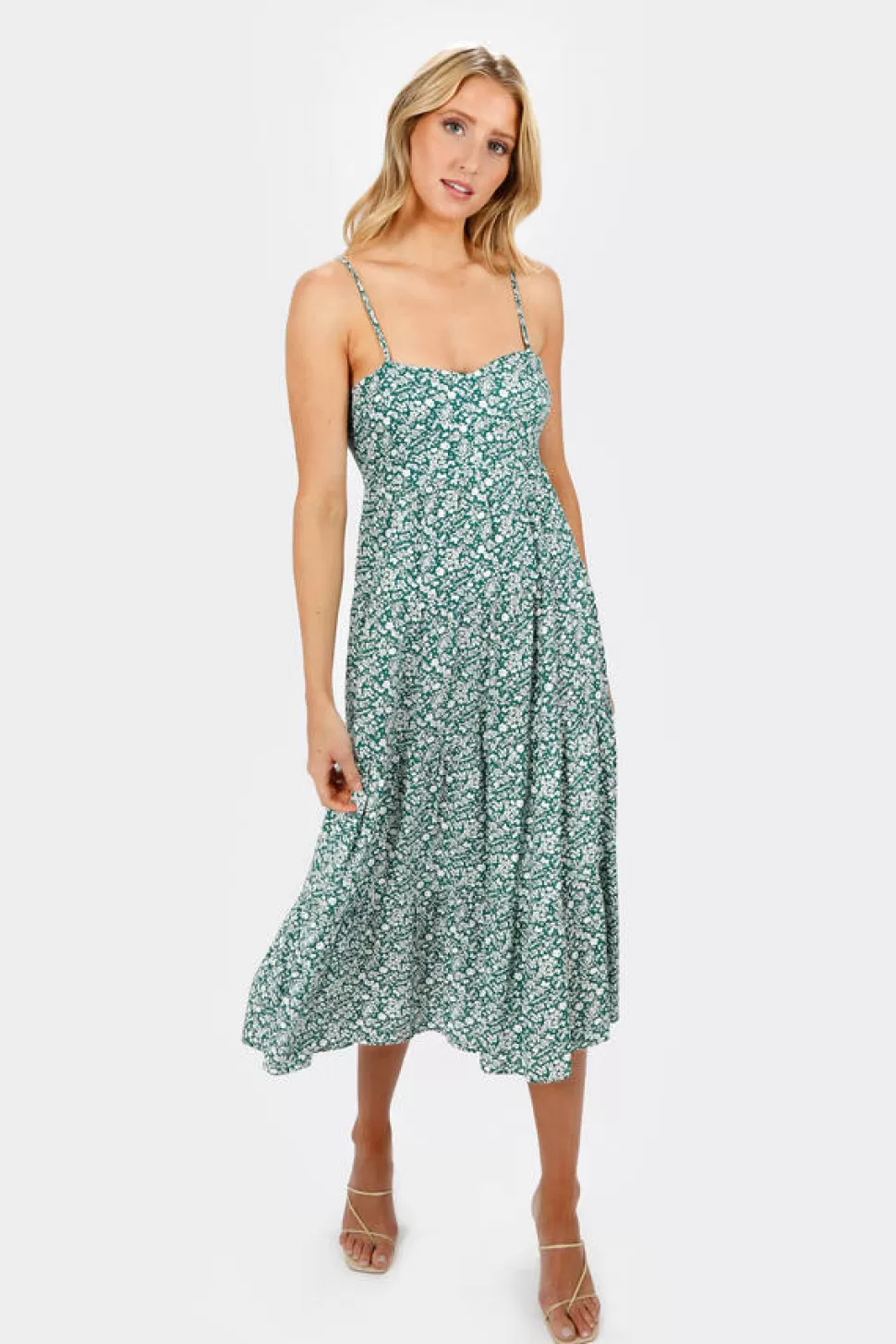 Sundresses*Tobi Beatrix Floral Back Tie Ruffle Hem Midi Dress Green