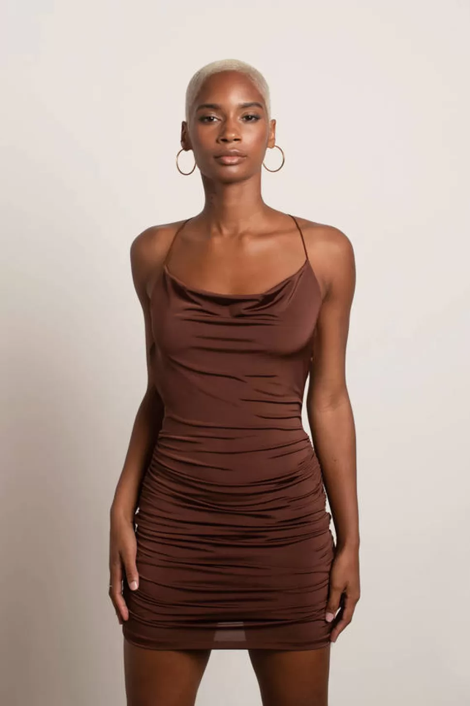 Backless Dresses*Tobi Beep Me Ruched Bodycon Mini Dress Mocha