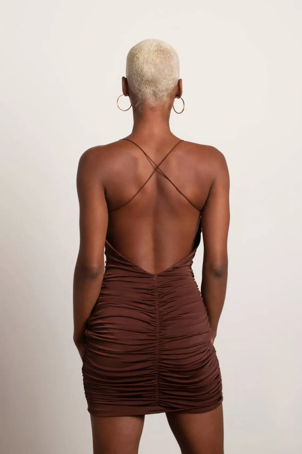 Backless Dresses*Tobi Beep Me Ruched Bodycon Mini Dress Mocha