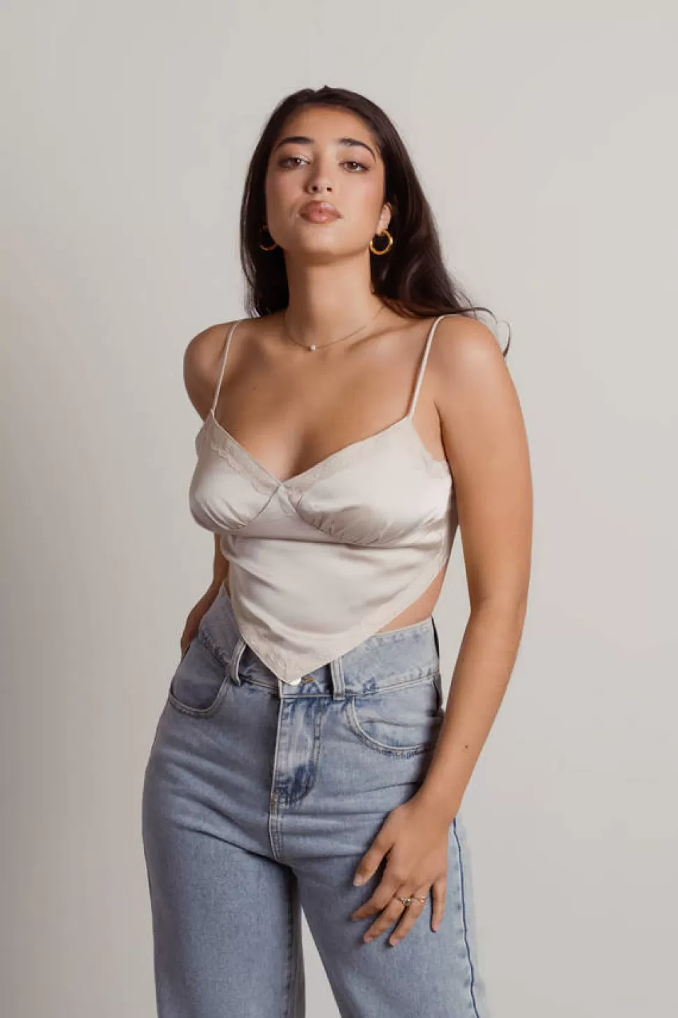 Sexy Tops*Tobi Behind Her Eyes Satin Asymmetric Lace Crop Top Champagne | Black | Tiffany