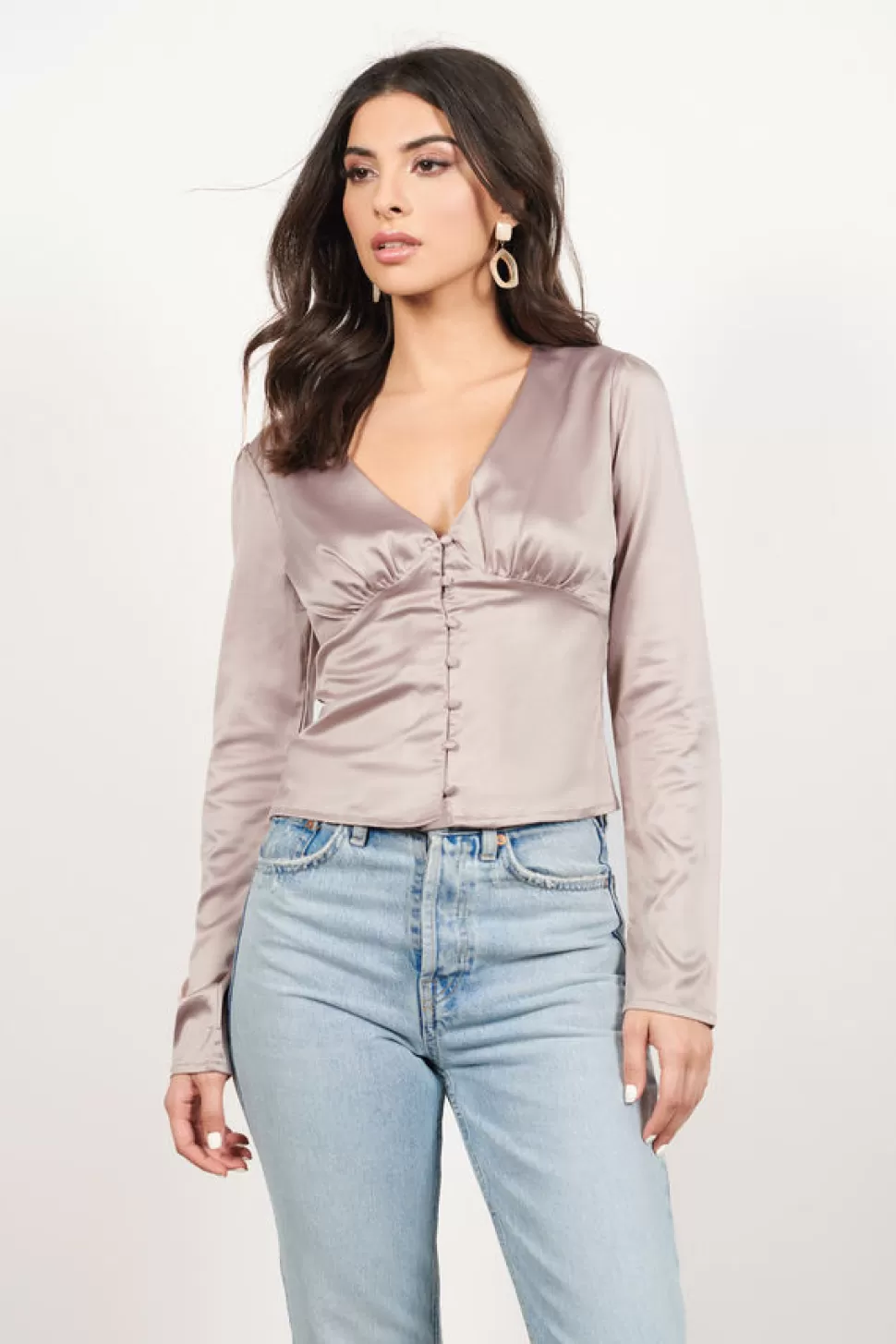 Long Sleeve Tops*Tobi Believe Me Satin Button Up Blouse Taupe