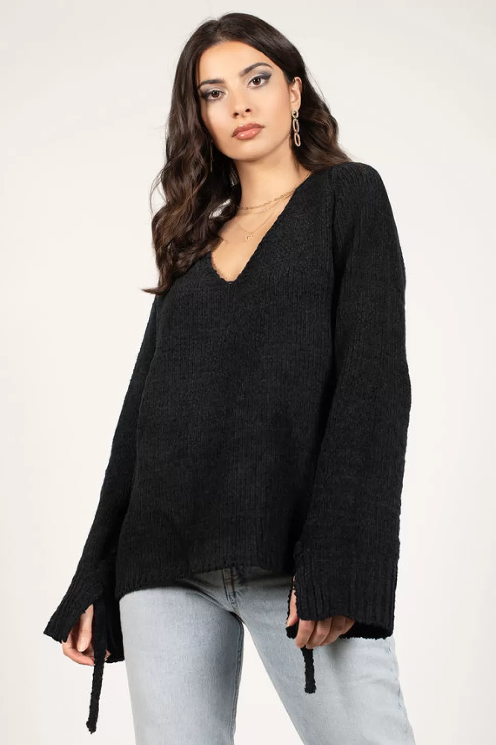 Long Sleeve Tops*Tobi Bella Lace Up Sleeve Sweater Black