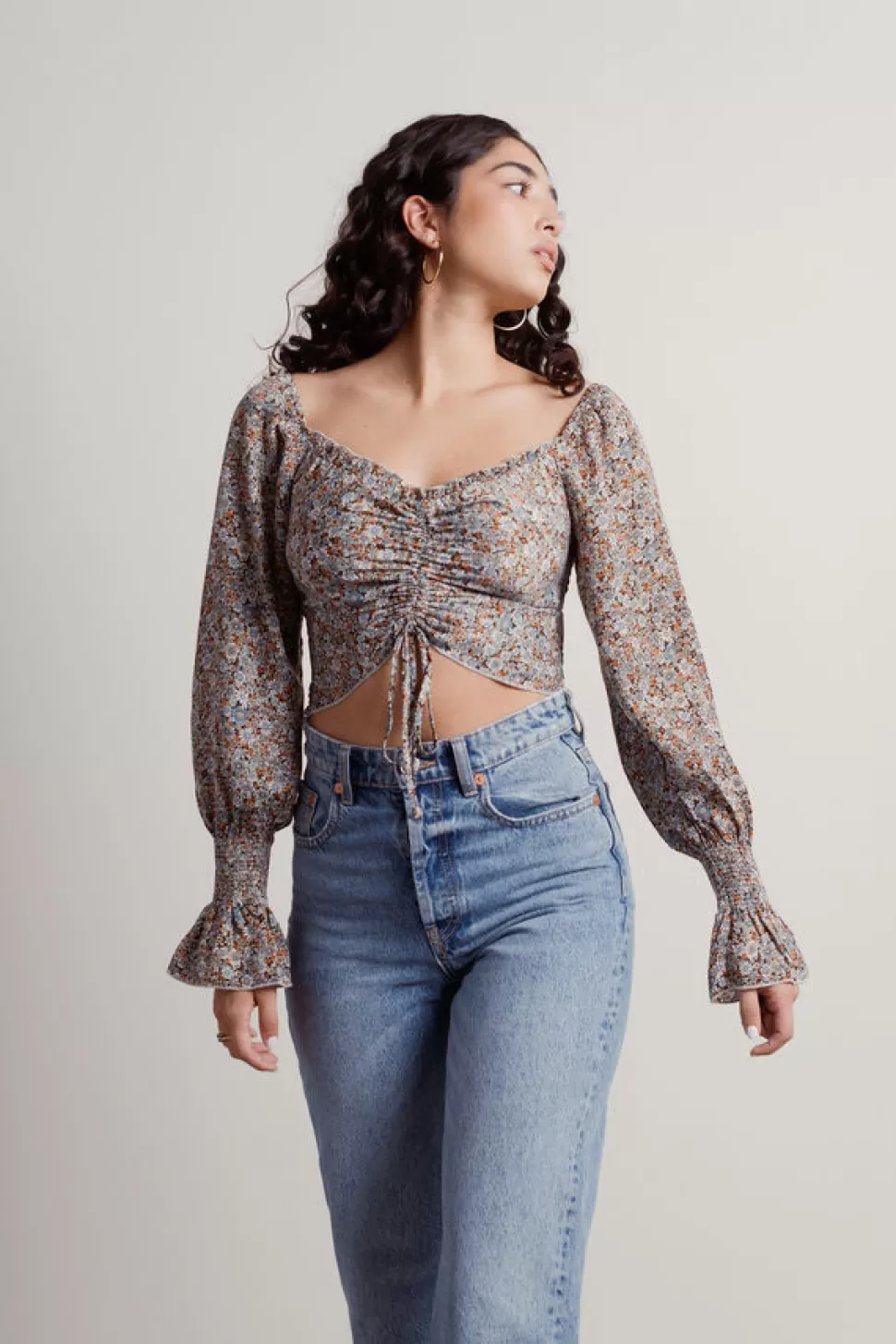 Long Sleeve Tops*Tobi Berlioz Ditsy Floral Satin Ruched Smocked Crop Top Multi