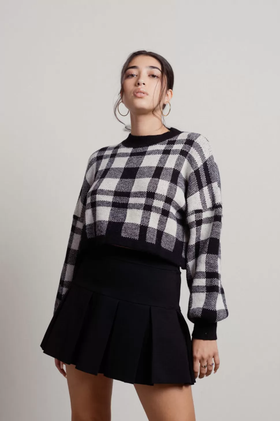 Long Sleeve Tops*Tobi Bernadette Tartan Check Plaid Crop Sweater Black & White