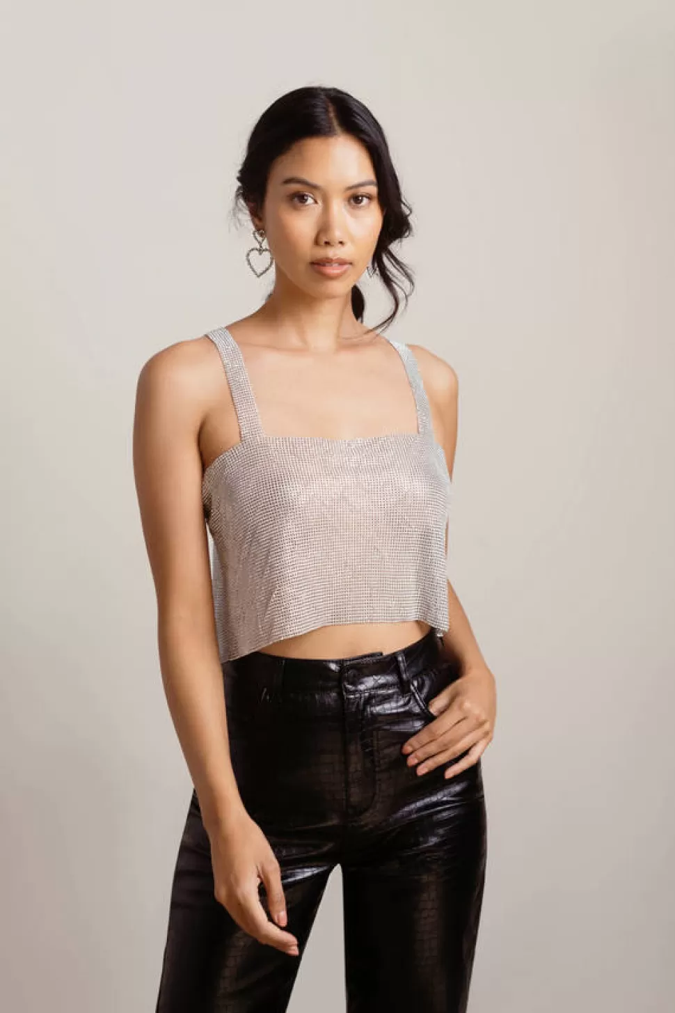 Going Out Tops*Tobi Bet On Me Open Back Metallic Crop Tank Top Silver