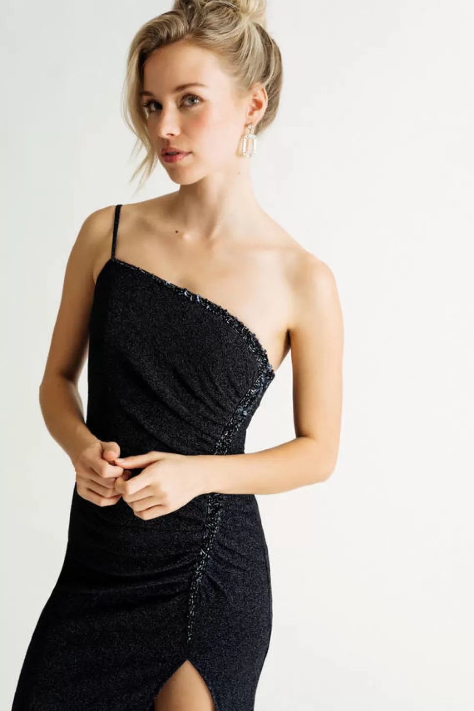 Black Tie & Evening Dresses*Tobi Betty One Shoulder Shimmer Bodycon Maxi Dress Navy