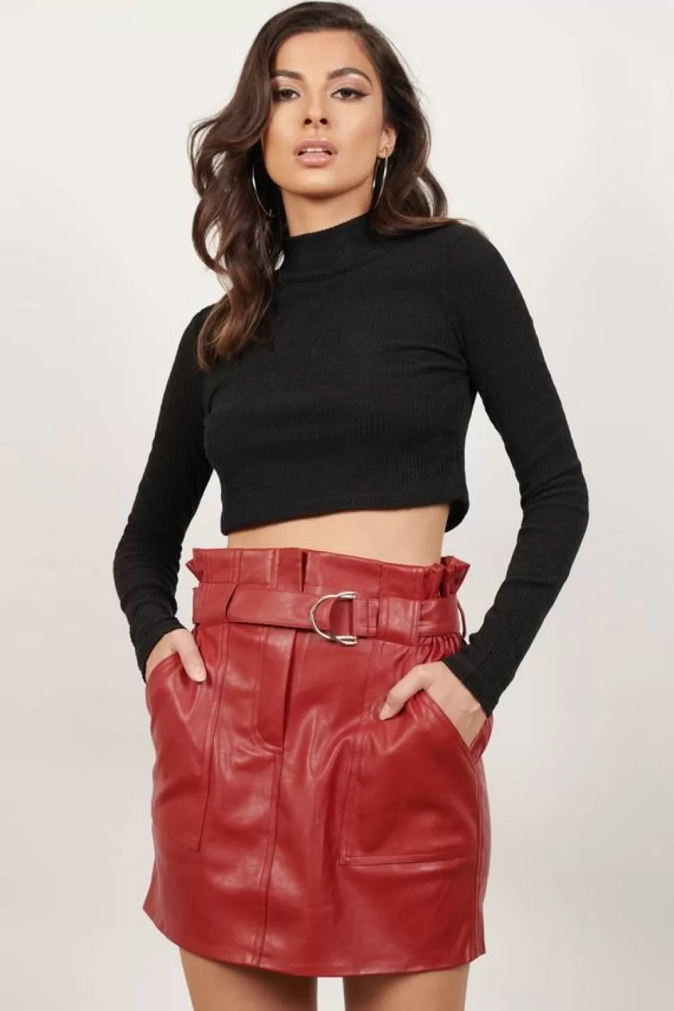 Skirts*Tobi Big Apple Belted Faux Leather Mini Skirt Red