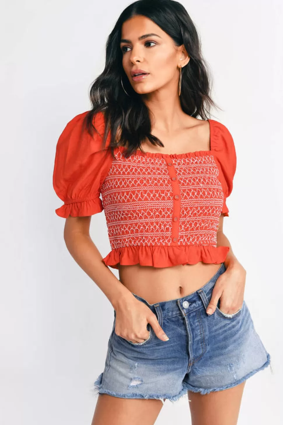 Red Tops*Tobi Bloody Mary Smocked Top Red