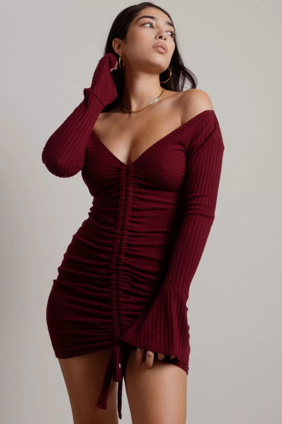 Bodycon Dresses*Tobi Brandi Flared Sleeves Ruched Bodycon Dress Burgundy