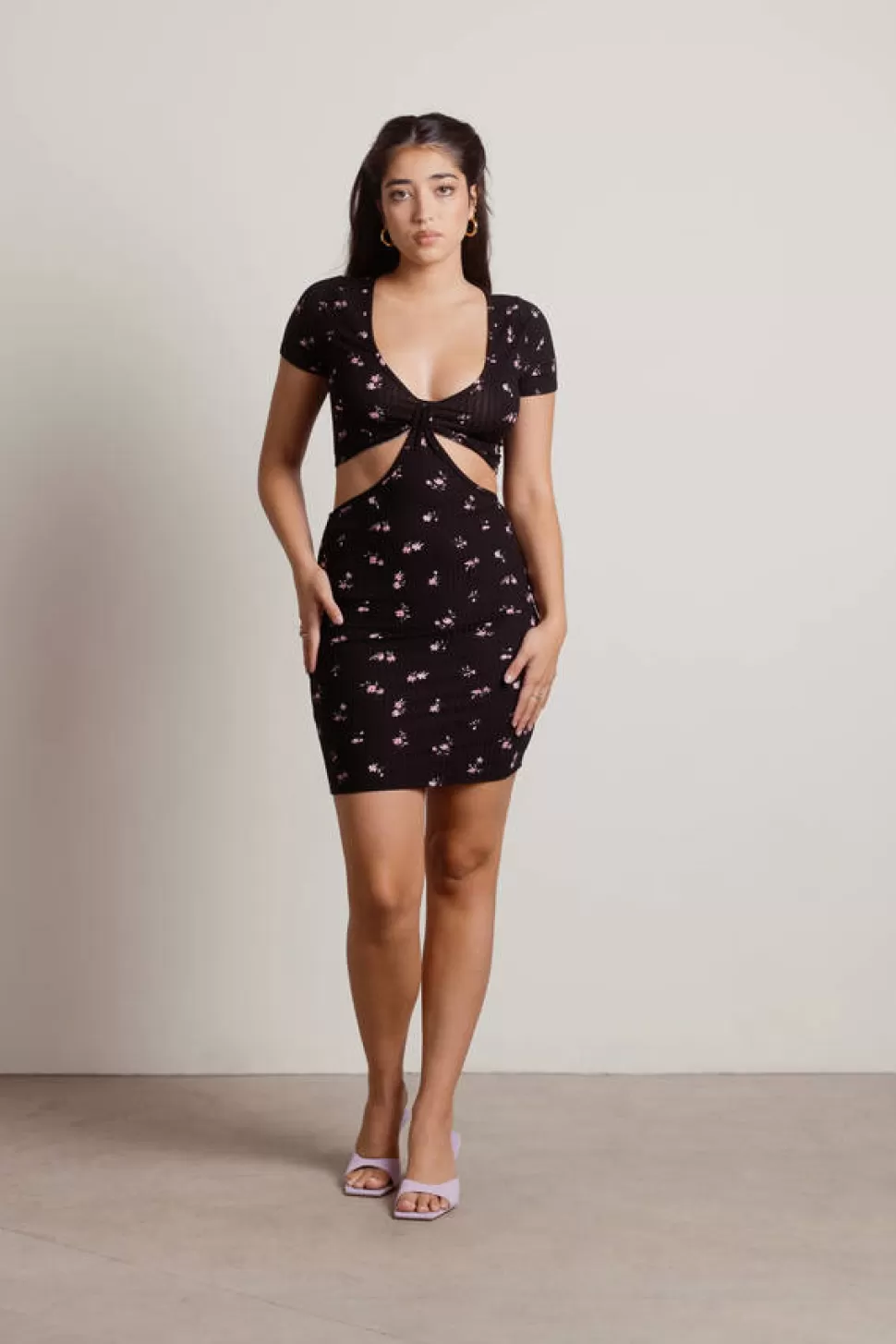 Bodycon Dresses*Tobi Bring It Floral Ribbed Cutout Bodycon Mini Dress Black | Ivory Multi