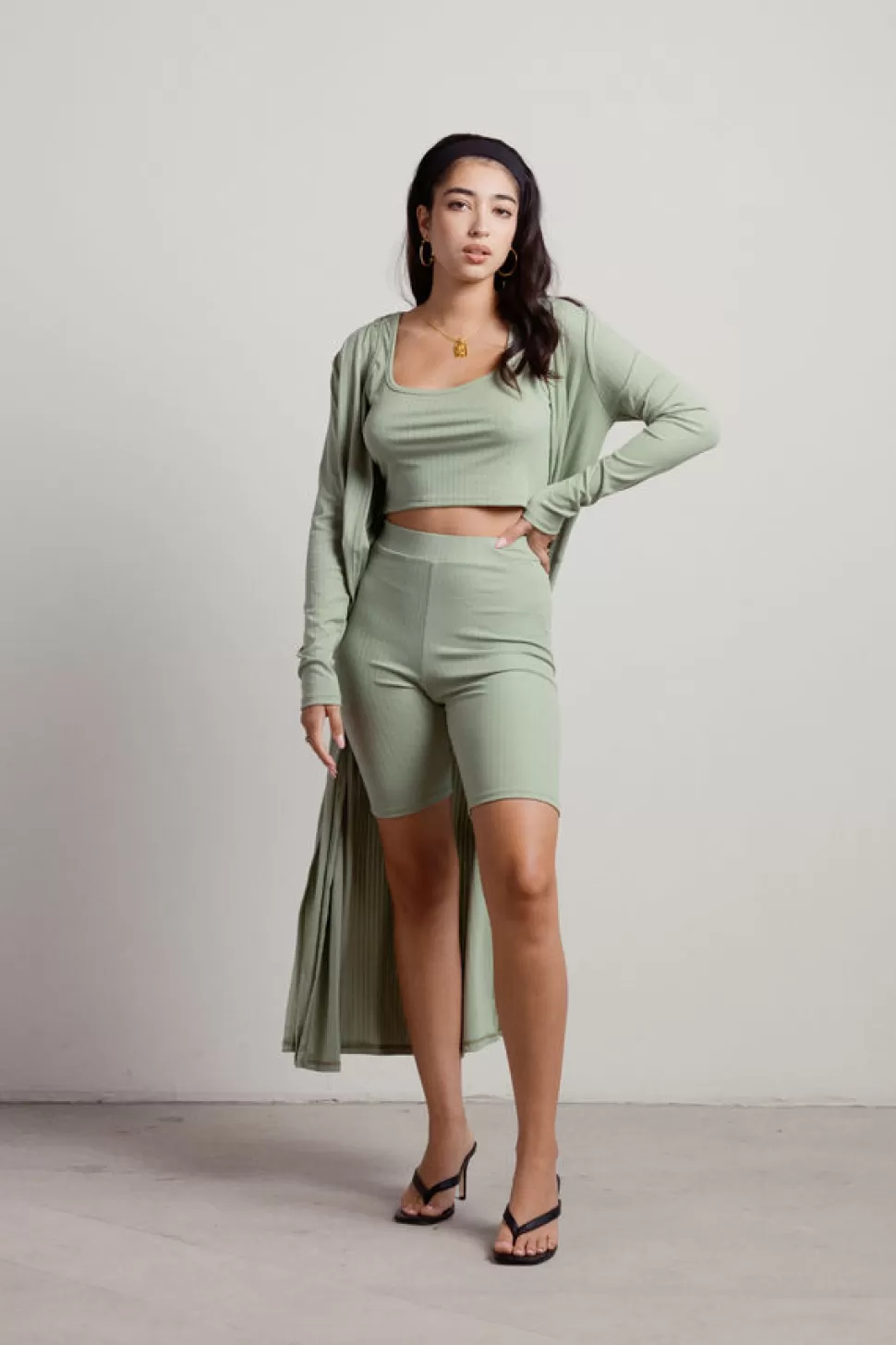 Activewear*Tobi Buttercup Ribbed Biker Shorts 3 Piece Set Sage