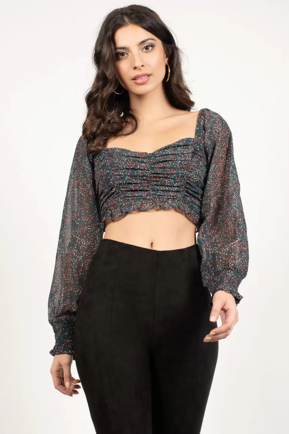 Long Sleeve Tops*Tobi Camden Floral Cropped Blouse Emerald Multi