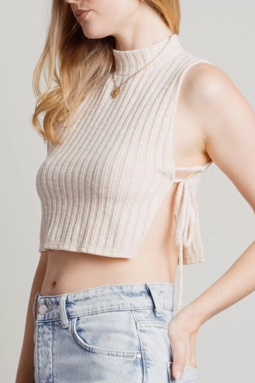 Going Out Tops*Tobi Can I Ribbed Mockneck Side Tie Crop Tank Top Cream | Charcoal