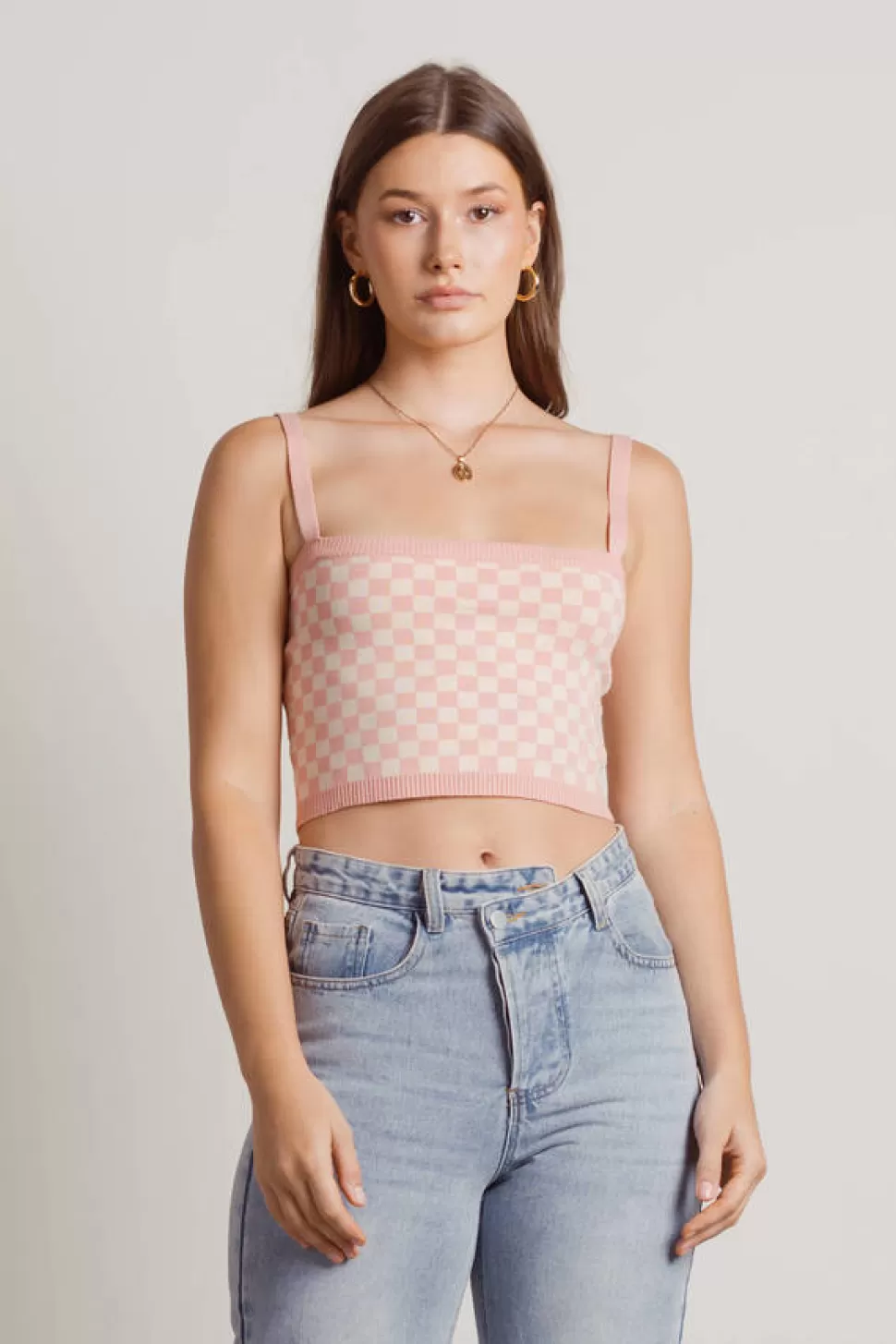 Camis & Tanks*Tobi Candy Clouds Checkered Sweater Knit Crop Top Pink | Yellow