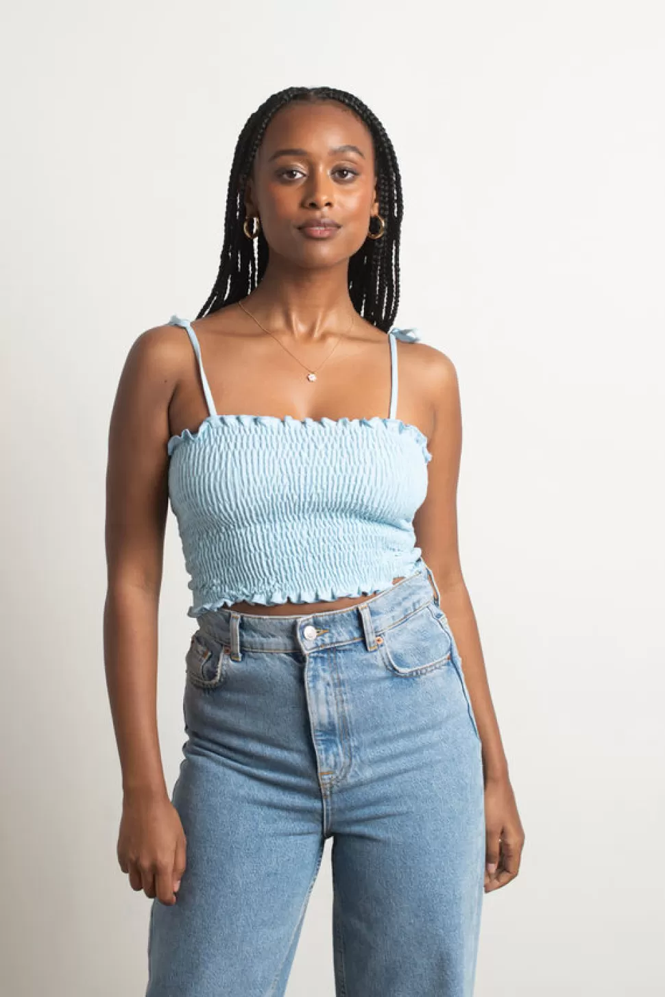 Crop Tops*Tobi Care About Me Smocked Tie Strap Crop Tank Top Light Blue | Ivory