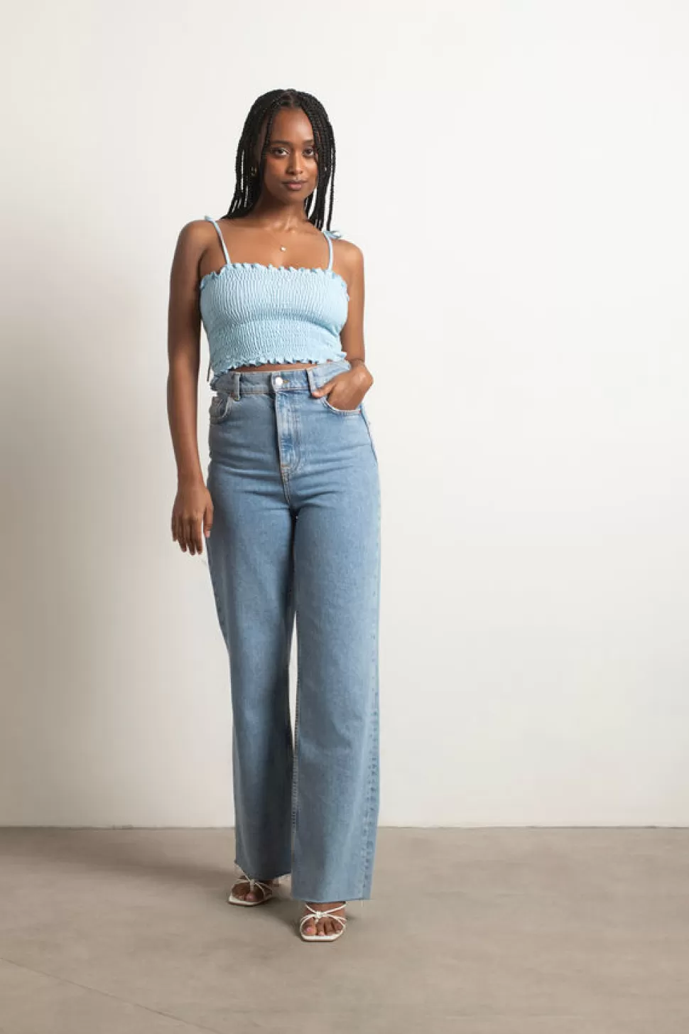 Crop Tops*Tobi Care About Me Smocked Tie Strap Crop Tank Top Light Blue | Ivory