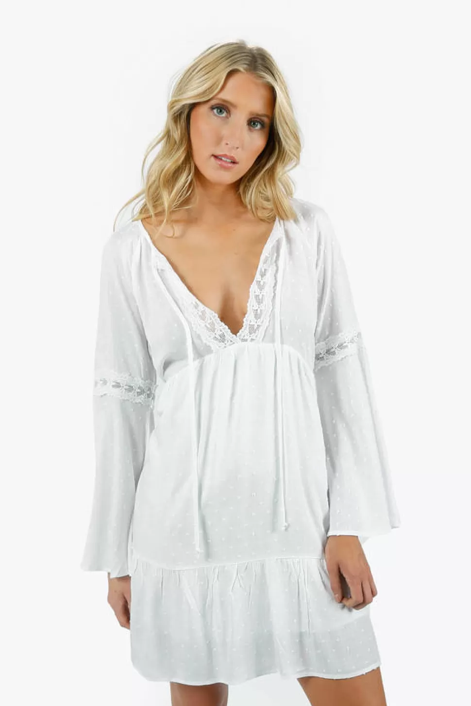 Boho Dresses*Tobi Carmilla Lace Trimmed Bell Sleeve Babydoll Dress White