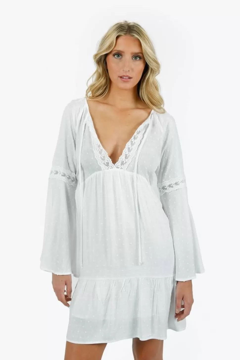 Boho Dresses*Tobi Carmilla Lace Trimmed Bell Sleeve Babydoll Dress White