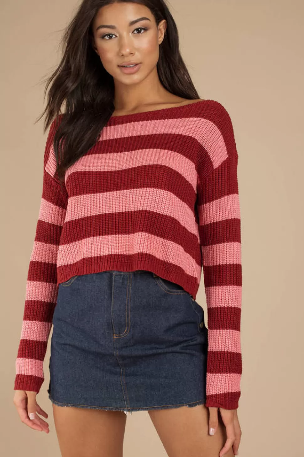 Red Tops*Tobi Caroline Striped Sweater Wine