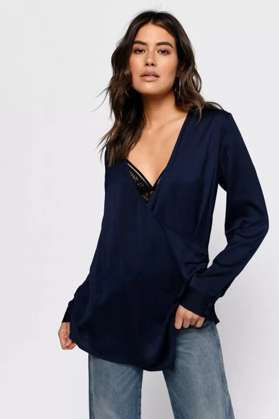 Long Sleeve Tops*Tobi Catalina Surplice Satin Blouse Navy | Black