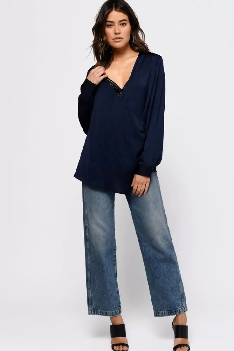 Long Sleeve Tops*Tobi Catalina Surplice Satin Blouse Navy | Black